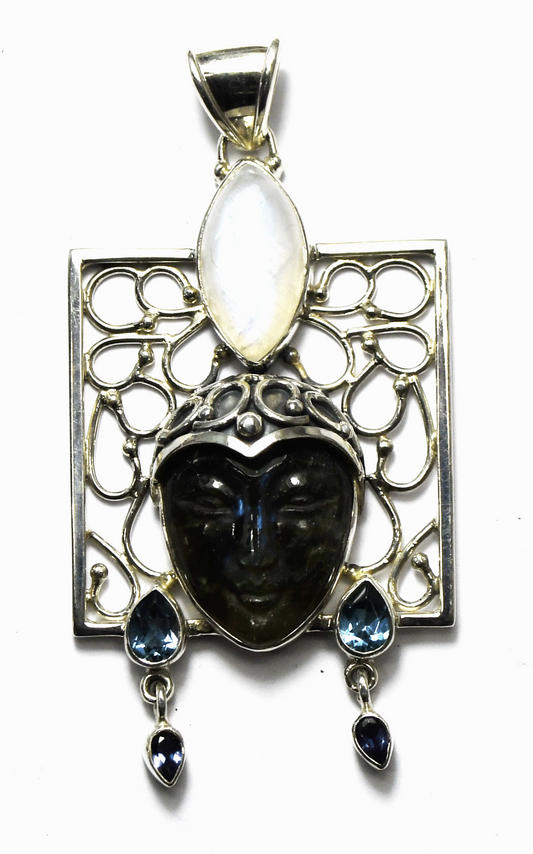 Sterling Sajen Labradorite Goddess Face Filigree Rectangle Pendant 2-3/4"