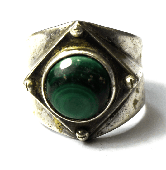 Sterling Silver Bali Suarti Round Malachite Square 4 Screw Ring 18mm Size 6