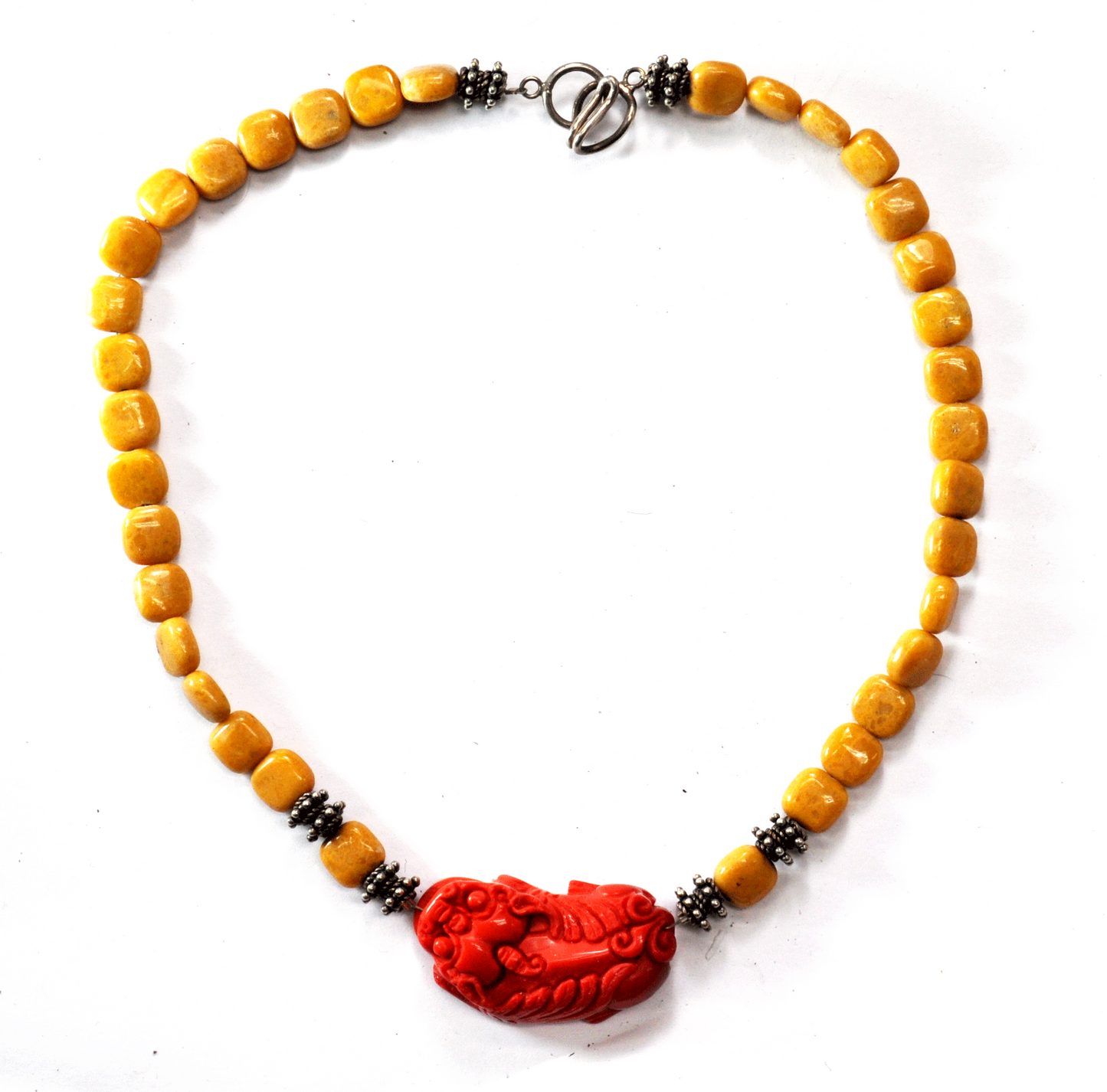 Sterling 10mm Amber Bead 18.25" Necklace Carved Coral Dragon Pendant 25mmX42mm