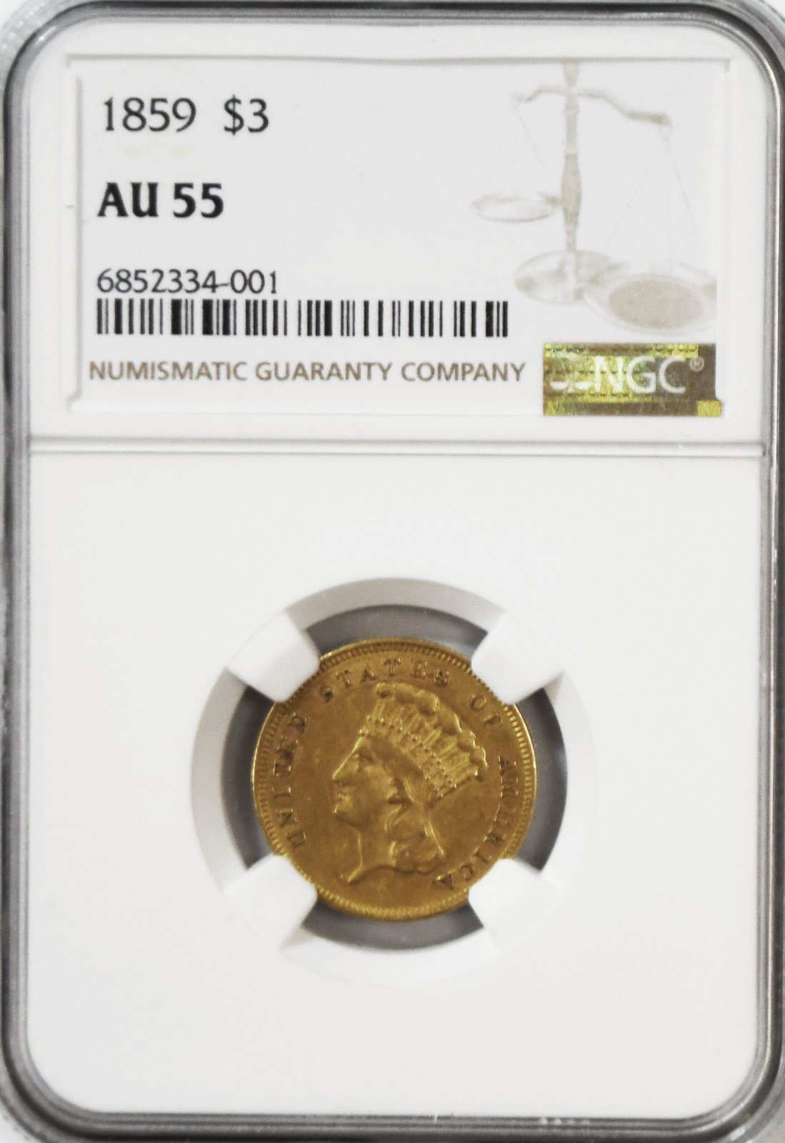 1859 $3 Indian Princess Three Dollars Gold Philadelphia NGC AU55