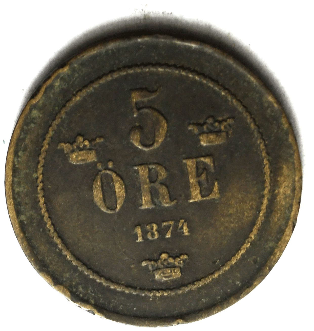 1874 Sweden 5 Five Öre Copper Coin Low MintageKM# 736