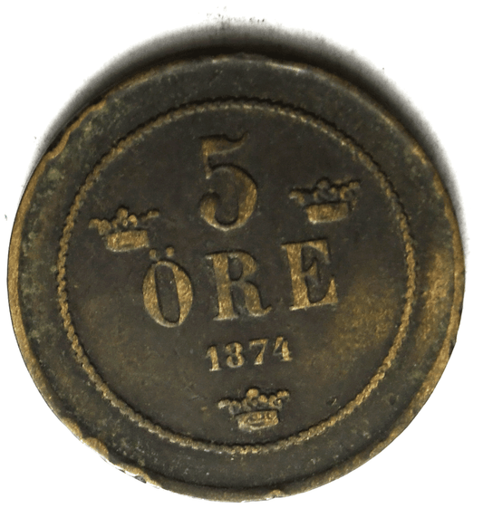 1874 Sweden 5 Five Öre Copper Coin Low MintageKM# 736