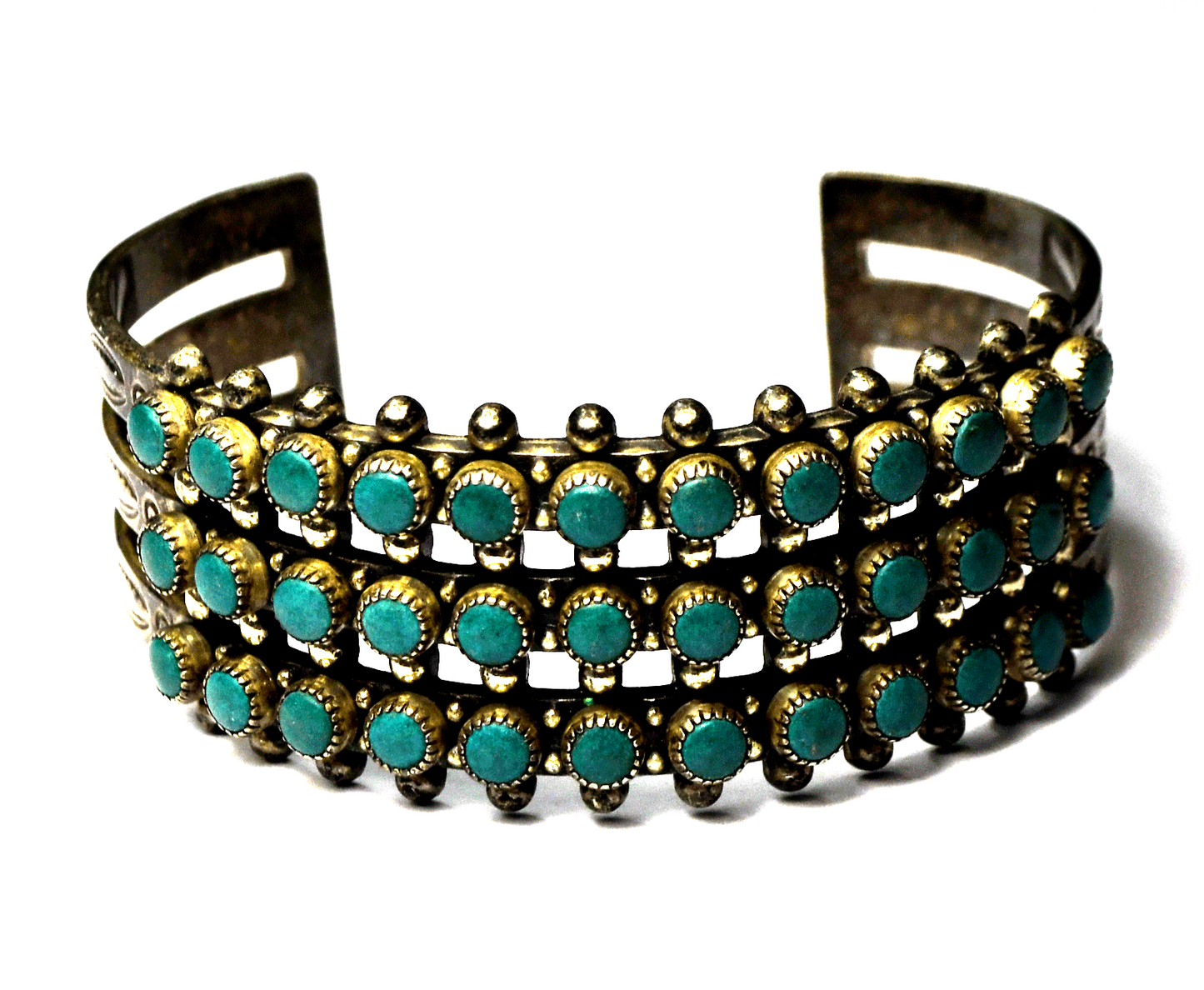 Sterling Antique Dot 3 Row Cluster Green Turquoise 23mm Cuff Bracelet 6.5" Wrist