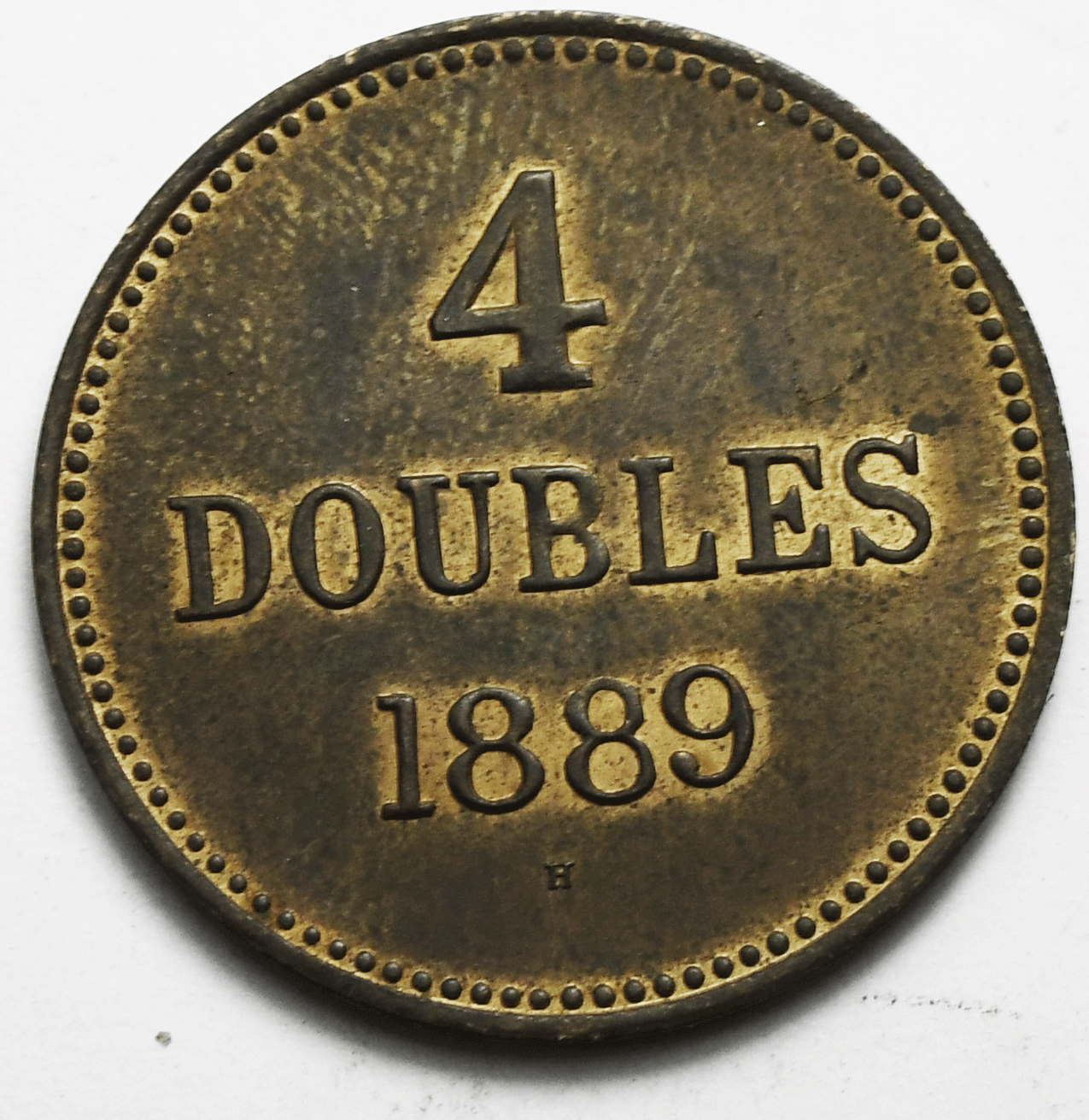 1889 H Guernsey Four Doubles Bronze Coin KM# 5 Only 104,000 Minted