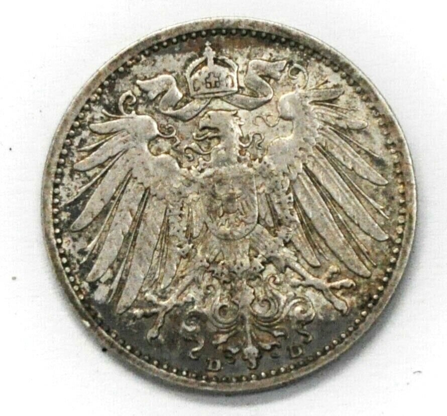 1915 D Germany Empire Silver One Mark Silver Coin KM# 14