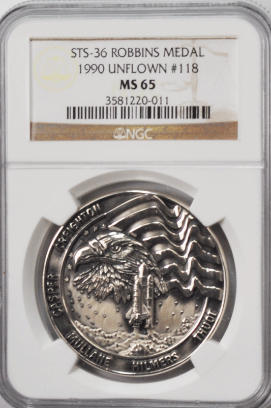 1990 STS-36 Robbins Silver Space Medal Unflown #118 NGC MS65 Atlantis