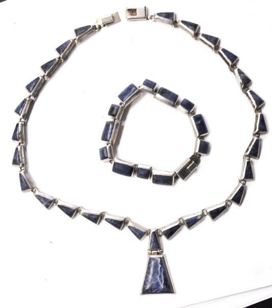 Sterling Blue Sodalite Square 7" Bracelet Triangle 10mm Link Necklace 17"