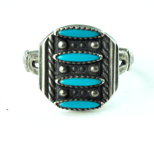 Antique Sterling Petit Point Rice Stripe Turquoise Shield Dot Ring 14mm Sz 6-3/4