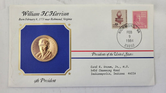 W H Harrison Presidential Covers Medal Postal Commemorative Society Gold Plated