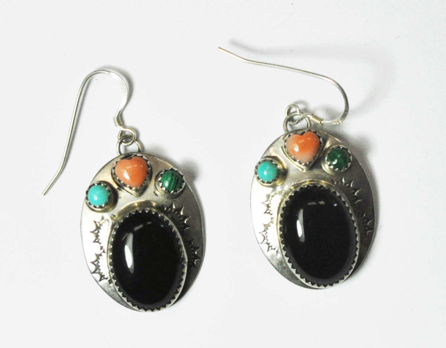 Sterling Silver Black Onyx DH Heart Multi Stone Oval Earrings Hook 1-3/4" x 22mm