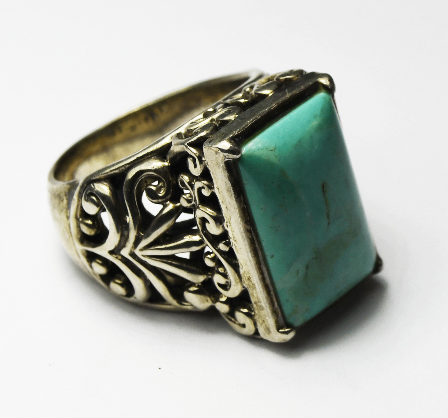 Sterling Silver Barse Rectangle Turquoise Filigree 21mm Ring Size 10