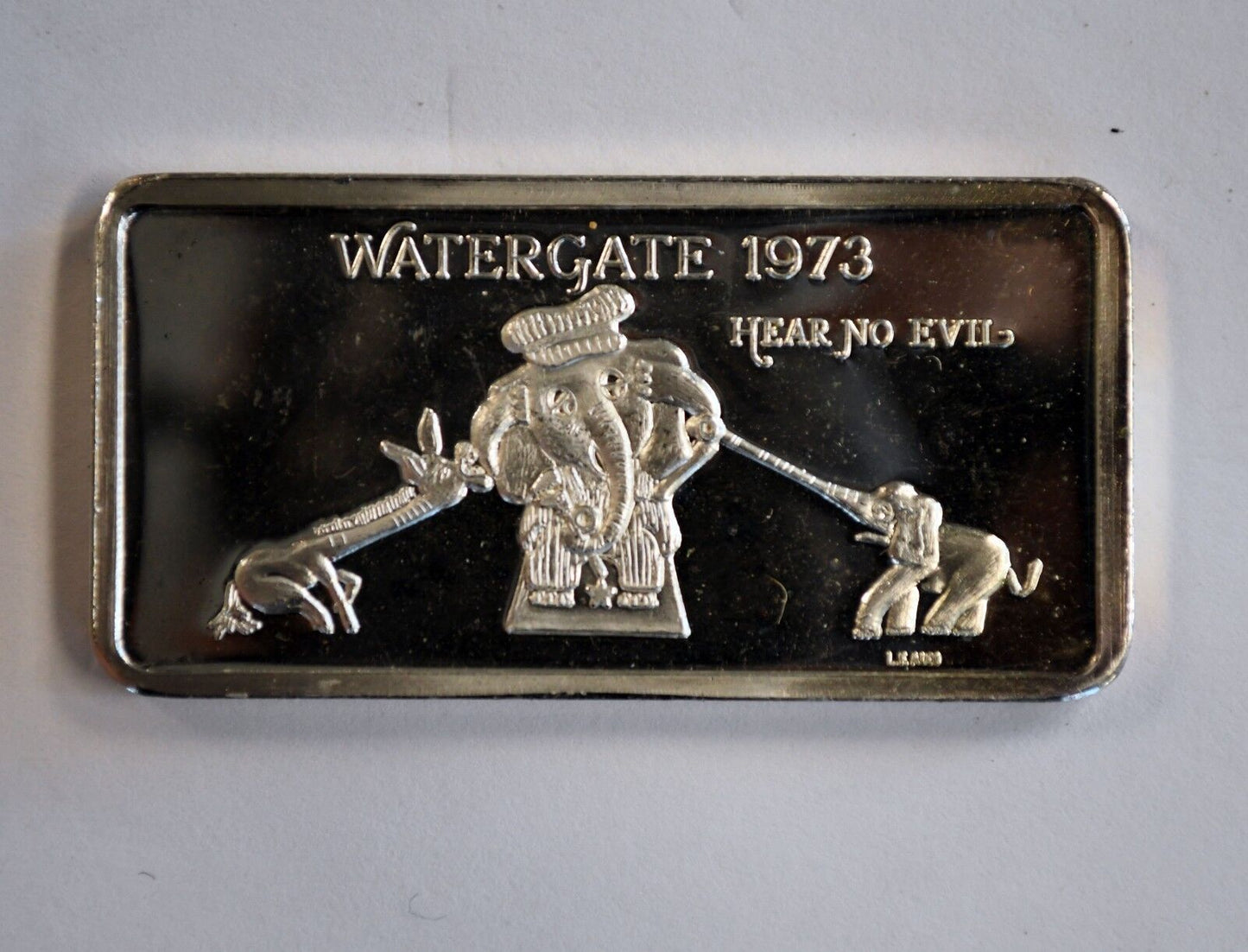 Watergate 1973 Hear No Evil .999 Fine Silver Bar E.J. Aleo 1oz. Second Edition