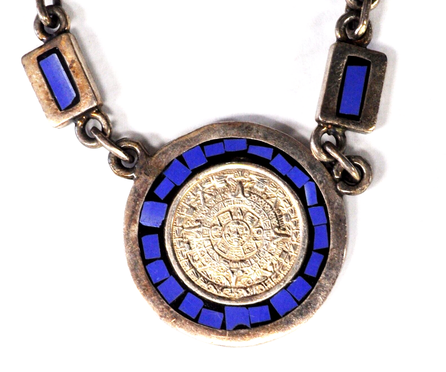 Sterling Mexico Blue Inlay Aztec 28mm Calendar 17" Necklace