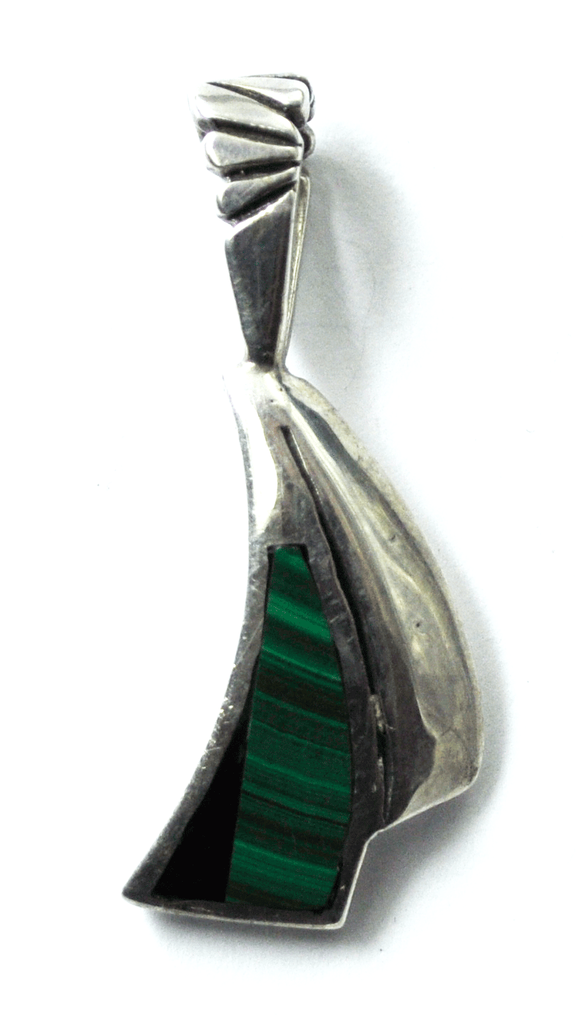 Sterling Jaxon Malachite & Onyx Green Inlay Triangular Pendant Etched 1.5"