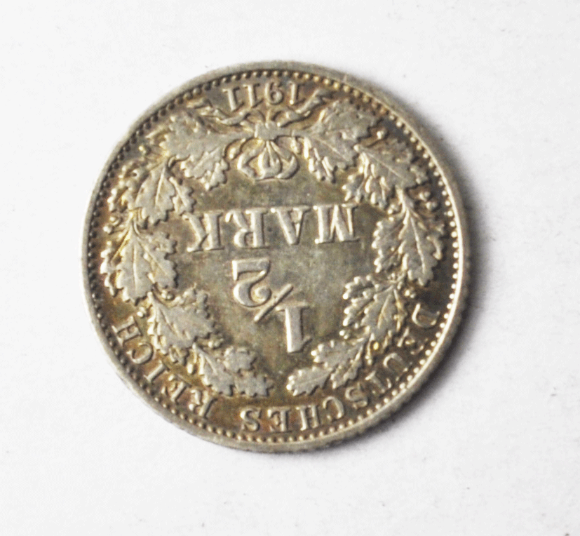 1911 A Germany Empire 1/2 Half Mark KM# 17 Silver Coin