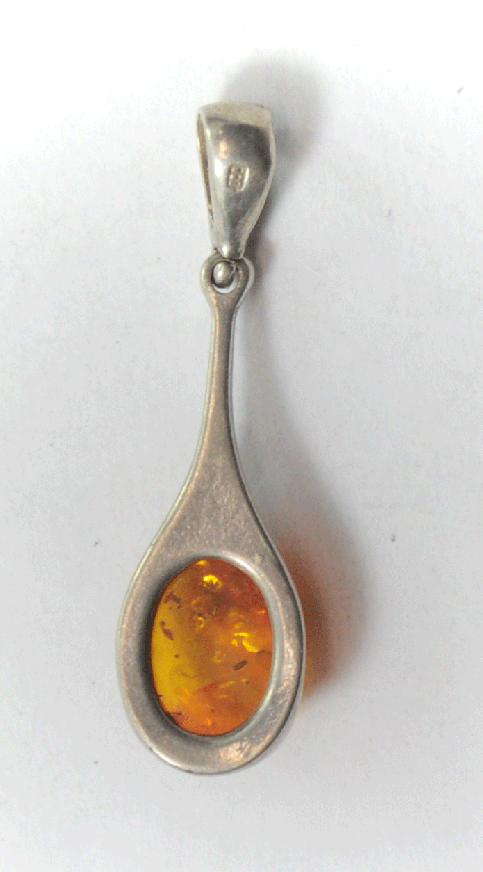 Sterling Oval Orange Amber Teardrop Tennis Racket Pendant 40mm x 11mm