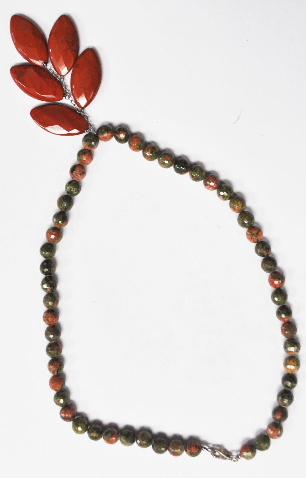 Sterling 8mm Unakite Bead 30mm Red Jasper Faceted Stones Bead 17.5" Necklace