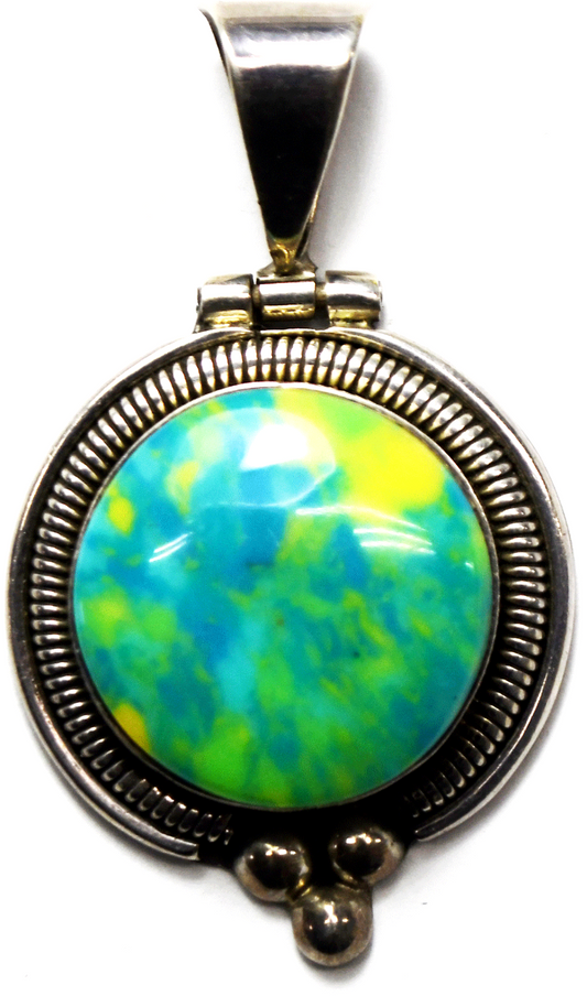 Sterling Bright Yellow Blue Green Marbled Round Pendant 32mm x 55mm