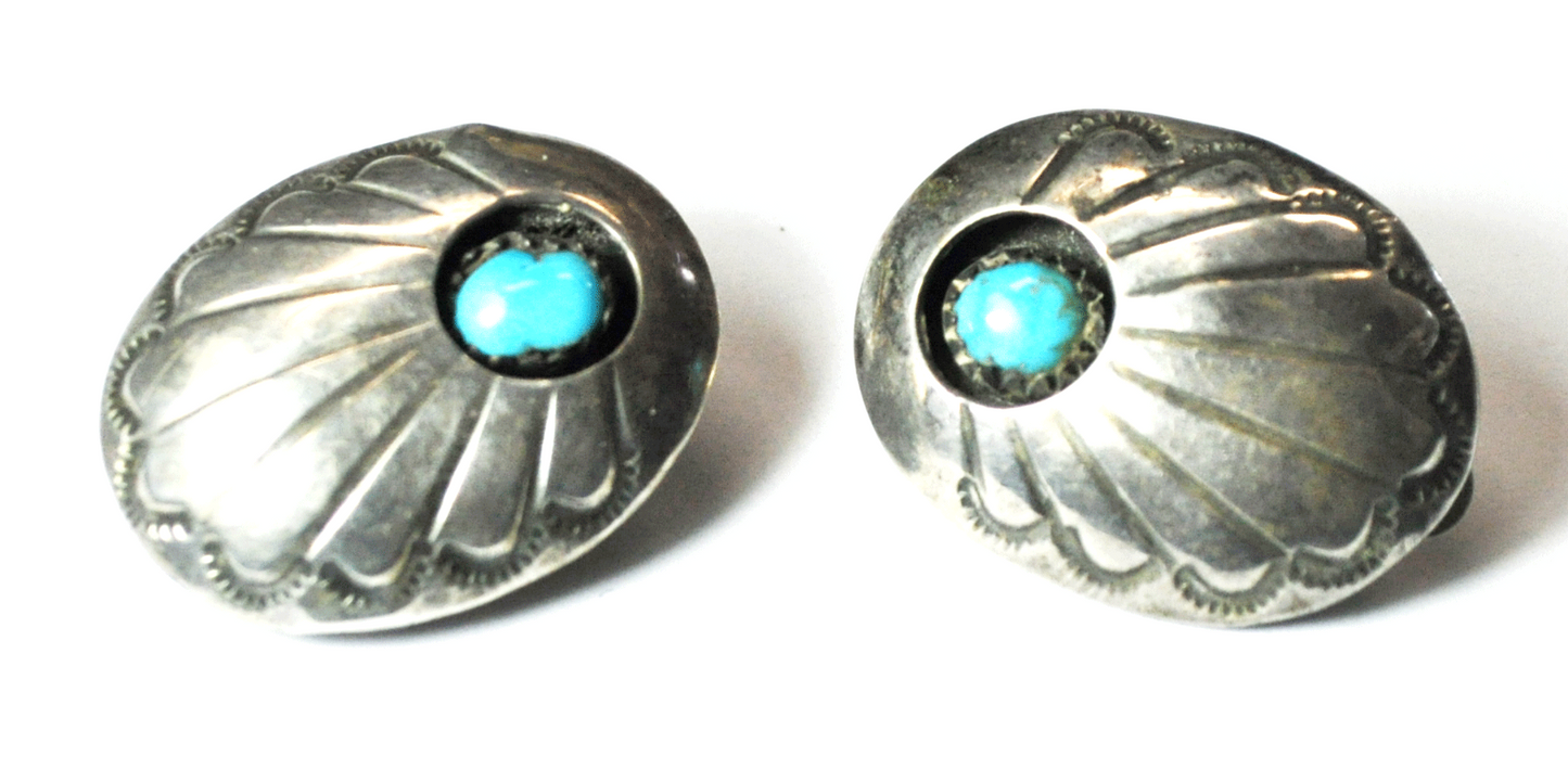 Sterling Silver Concho Oval Shadow Box Turquoise Clip On Earrings 28mm x 22mm