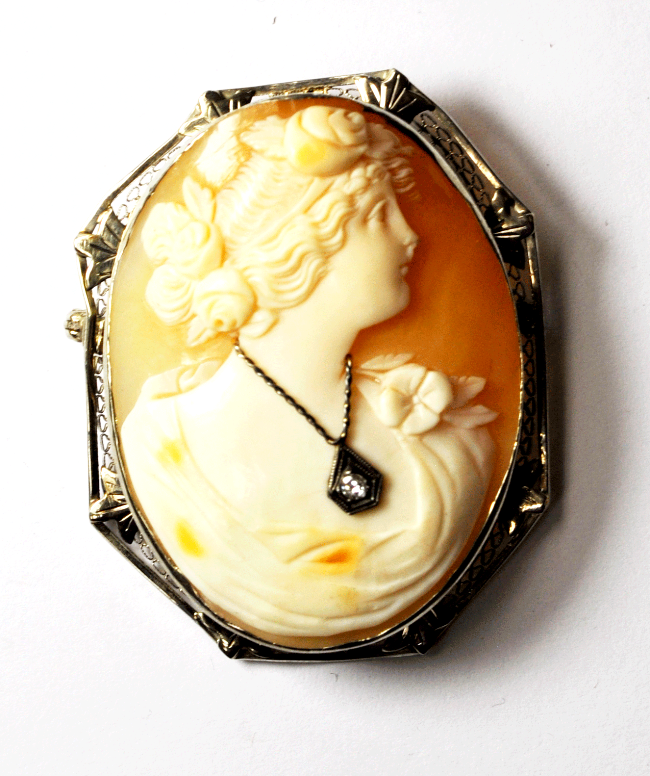 Antique Cameo 14kwg Filigree Brooch Bust Diamond Pendant Pin 48mm X 39mm Large