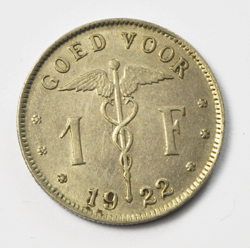 1922 Belgium One Franc Nickel Coin KM# 90