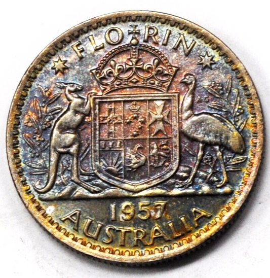 1957 Australia Florin Silver Coin Rainbow Obverse KM# 60