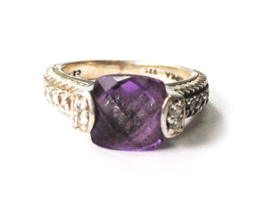 Sterling Judith RIpka Purple Amethyst Diamond Fleur De Lis Ring 10mm Size 6-1/2