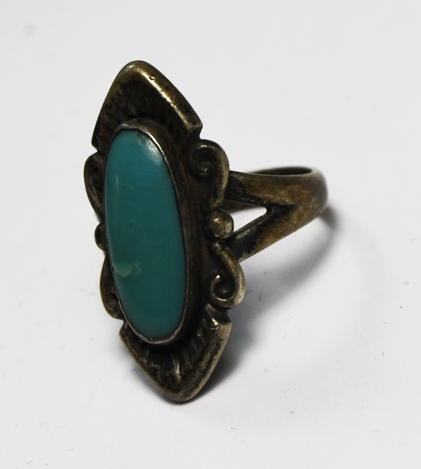 Sterling Silver Antique Bell Trading Oval Turquoise Pointed Ring 26mm Size 5.5