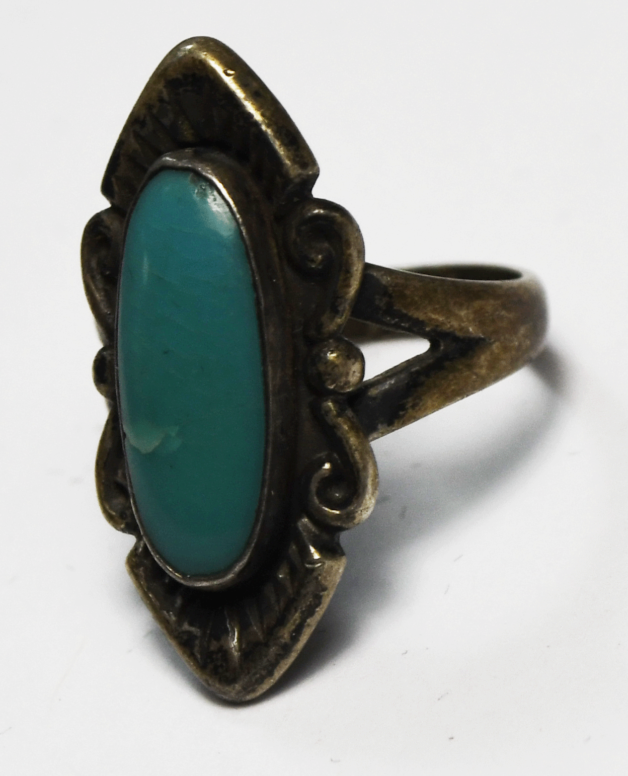 Sterling Silver Antique Bell Trading Oval Turquoise Pointed Ring 26mm Size 5.5