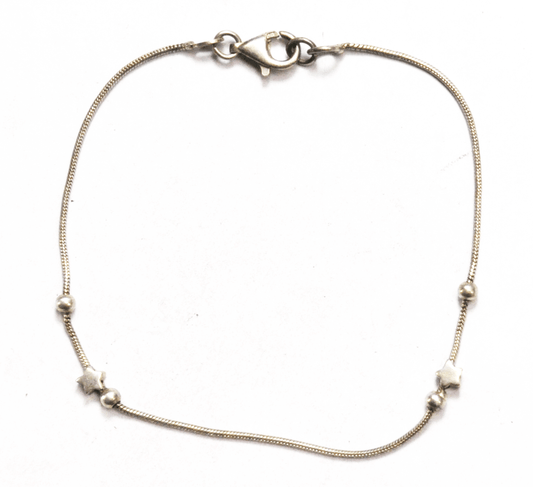 Sterling Silver Cocoon Snake Chain 1mm Bracelet 4mm Star Beads 8-1/4"   3.1g