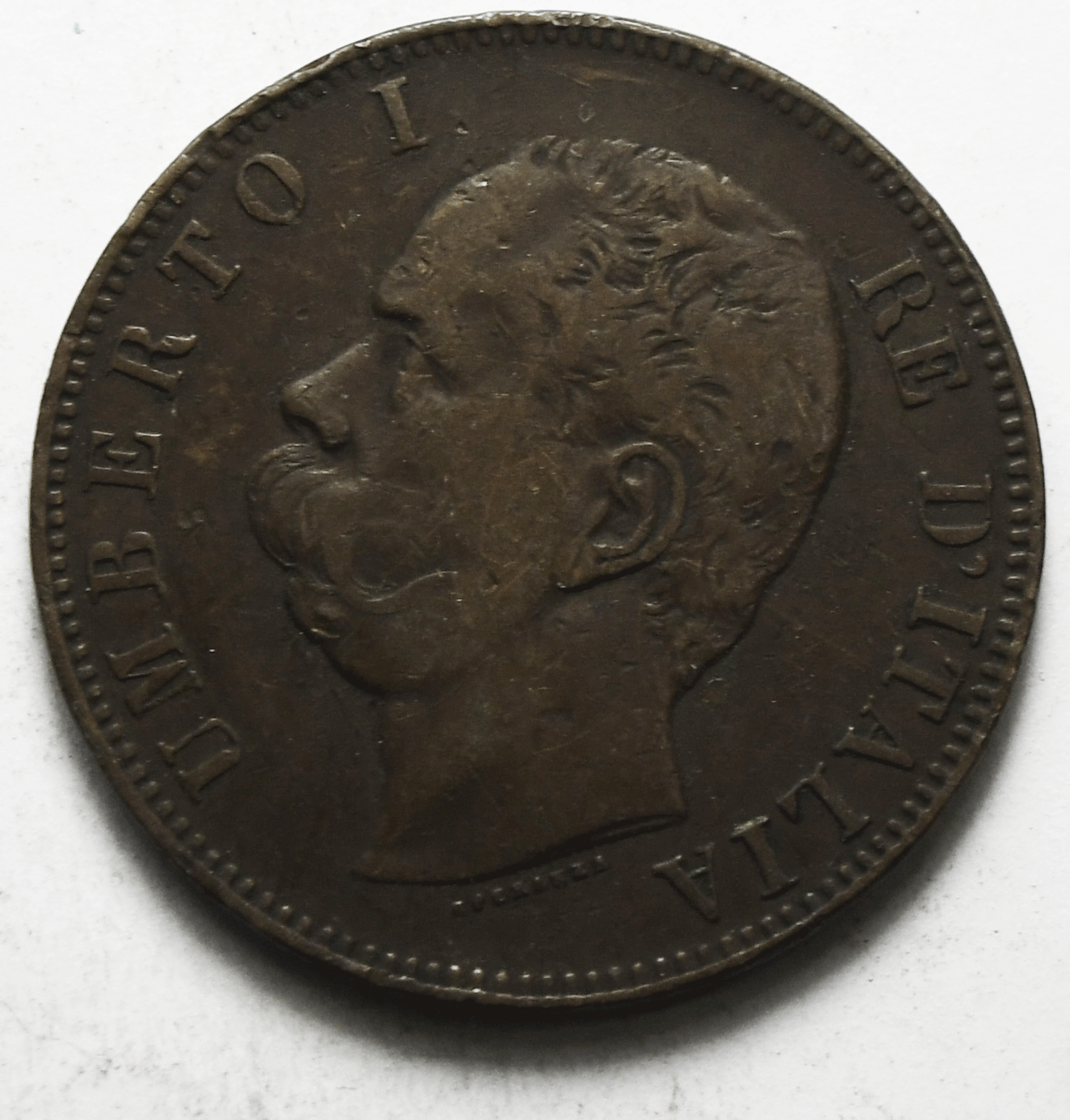 1893 B/I Italy 10 Ten Centesimi Copper Coin KM# 27.1