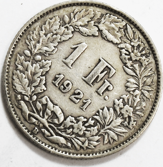 1921 B Switzerland One Franc Silver Coin KM# 24