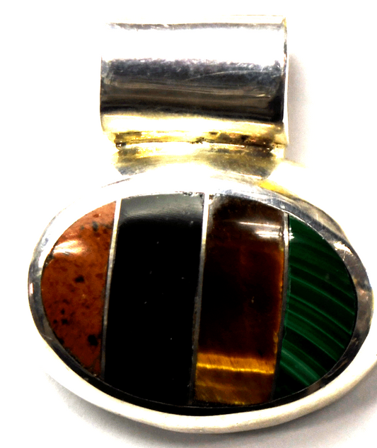 Sterling 950 Mexico Inlay Onyx Tigers Eye Malachite Pendant 29mm x 32mm