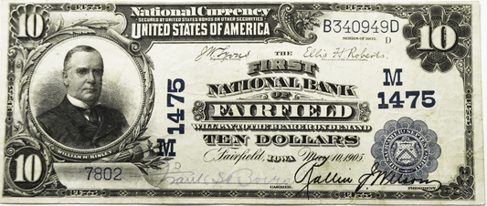 1902 $10 National Currency Note Fairfield Iowa 1475 Plain Back 7802