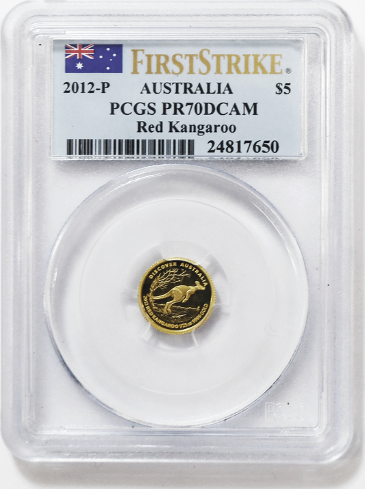 2012 P $5 Australia Gold Red Kangaroo 1/25th .9999 PCGS PR70 DCAM FS