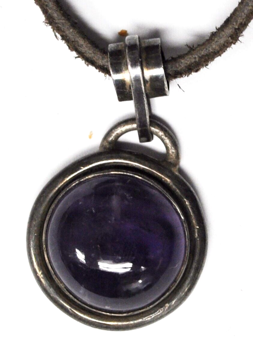 Sterling 34mm Round Domed Amethyst Slider Pendant Brown Cord 17" Necklace