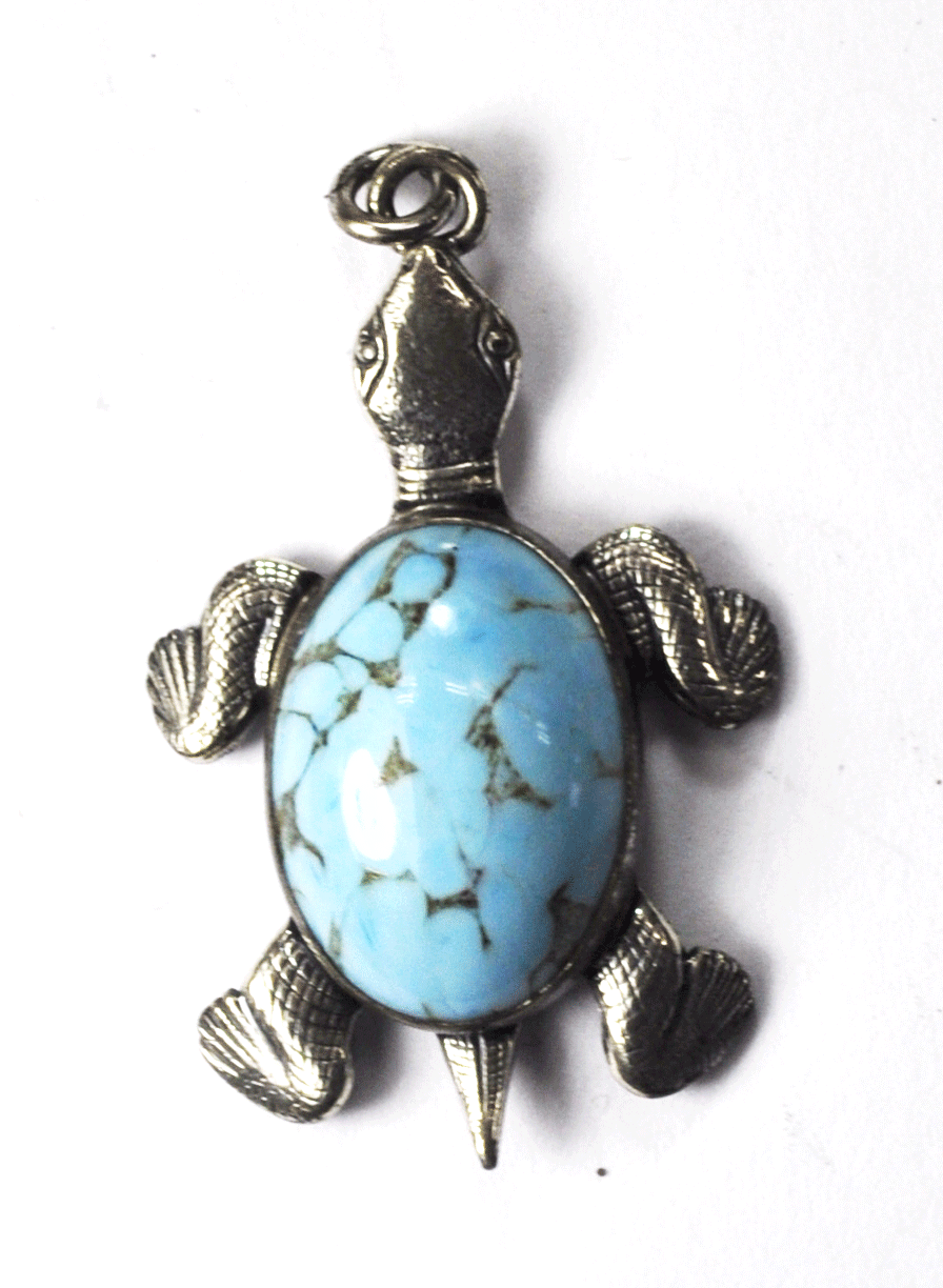 Sterling Light Blue Robin Egg Glass Turquoise Turtle Pendant Danecraft 37mm