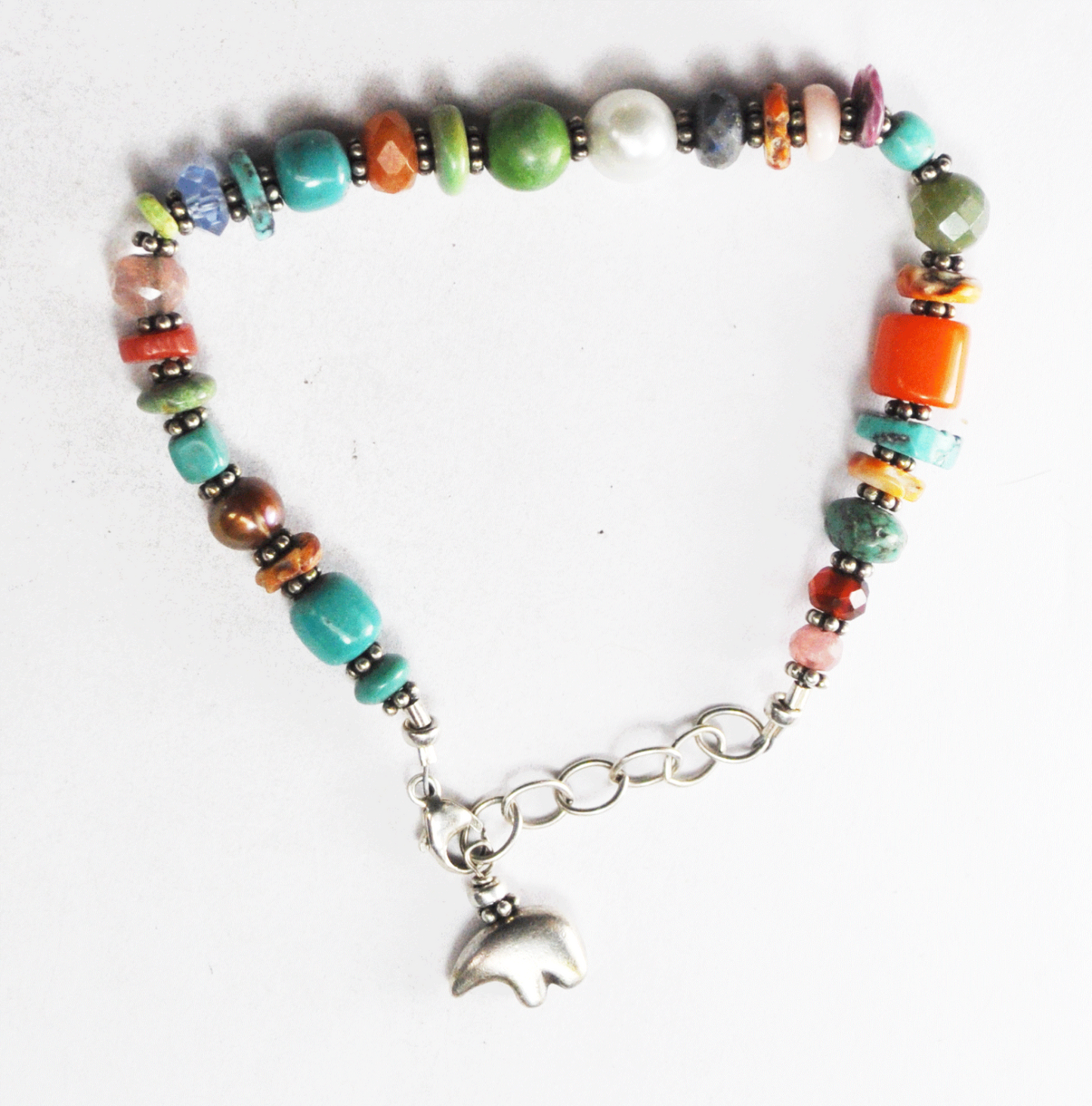 Sterling Silver Bear Charm Bead Multi Rainbow Stone Wire Bracelet 8" 7mm