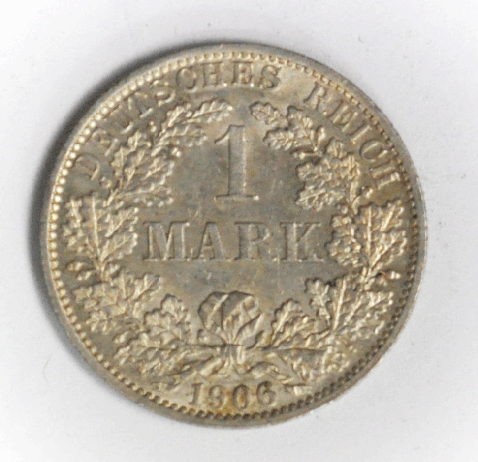 1906 A Germany - Empire Silver One Mark Silver Coin KM# 14  AU