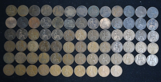 Set of 75 Great Britain Penny Large Cent Bronze Coins 1860-1967 No Duplicates