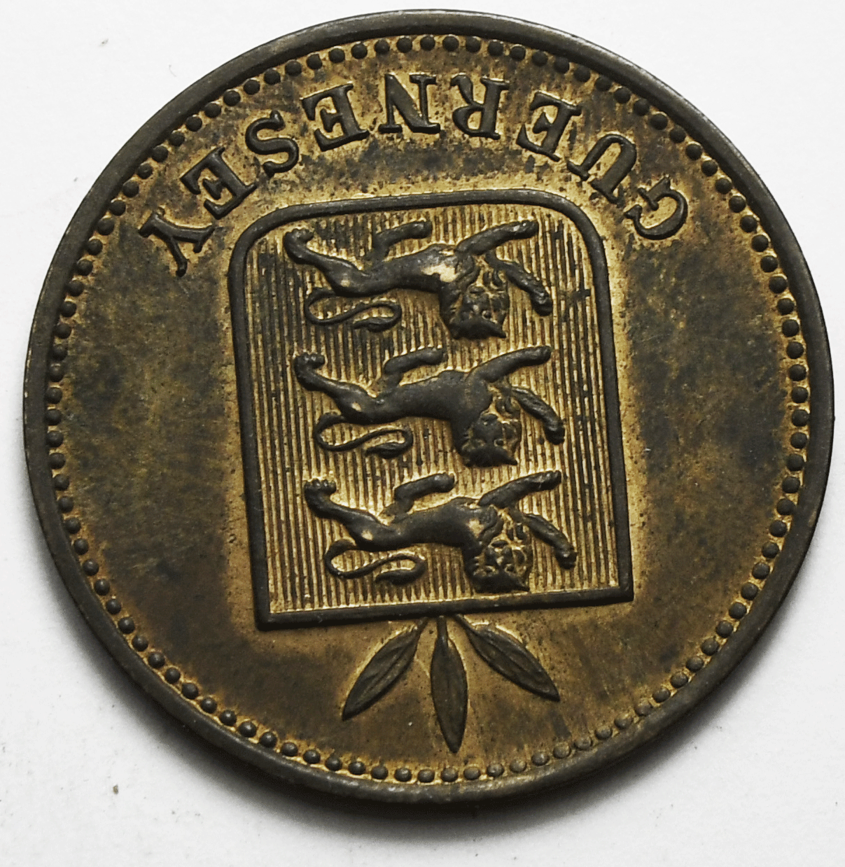 1889 H Guernsey Four Doubles Bronze Coin KM# 5 Only 104,000 Minted