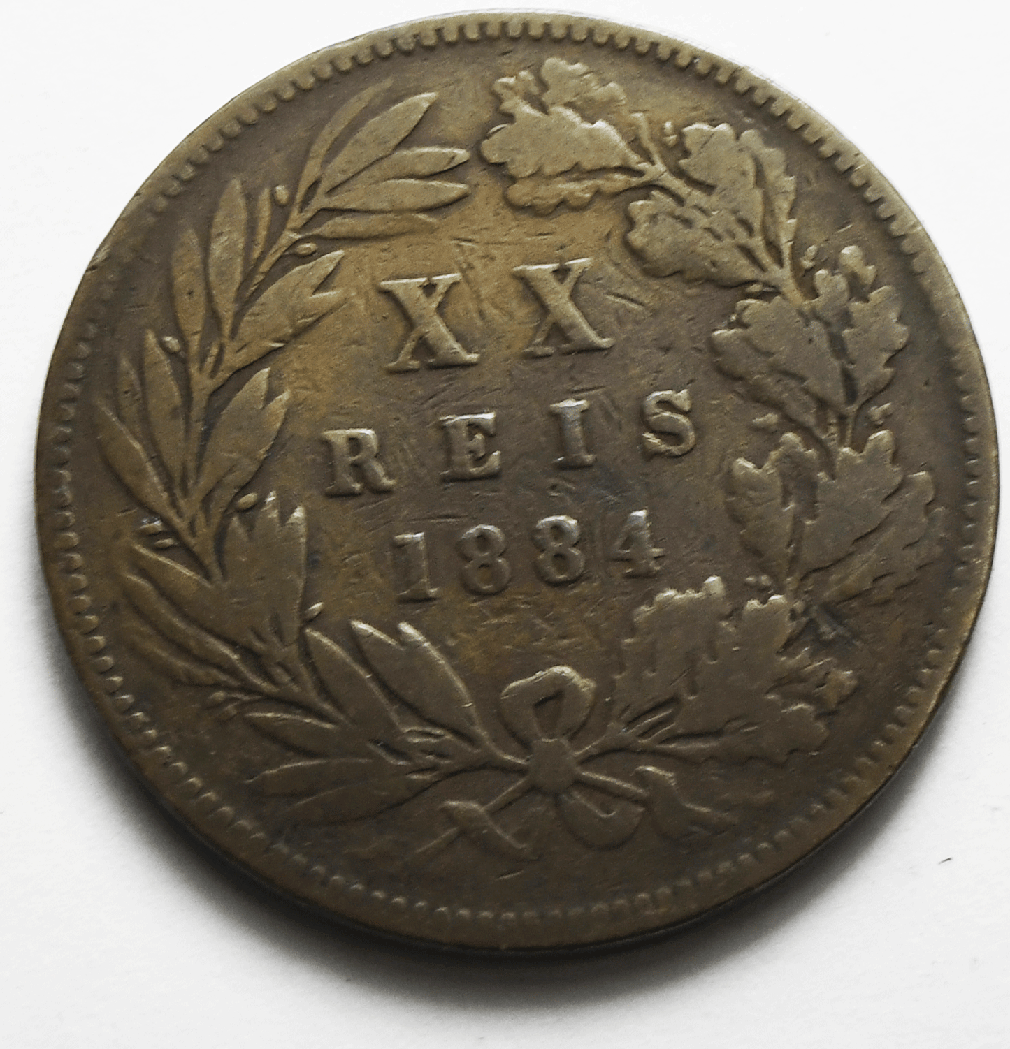 1884 Portugal 20 Twenty Reis Bronze Coin KM# 527