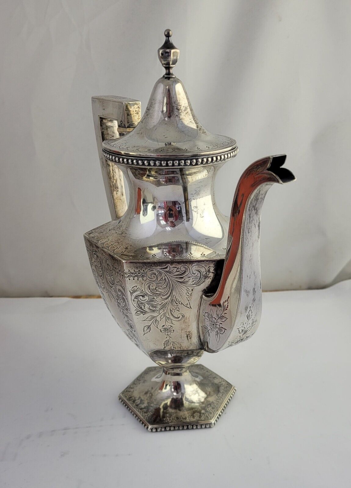 Stieff 10" Hexagon Sterling Silver Coffee Pot Tea Hand Engraved (#500) 19oz.