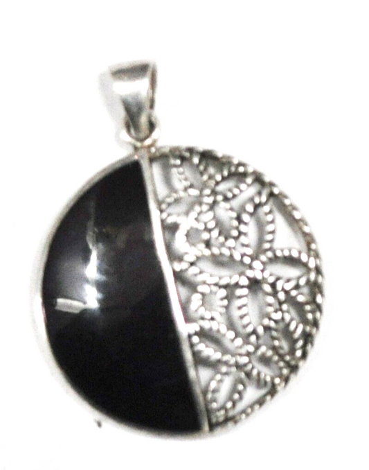 Sterling Silver  Black Onyx Half Disc Filigree Flower Pendant 30x23mm