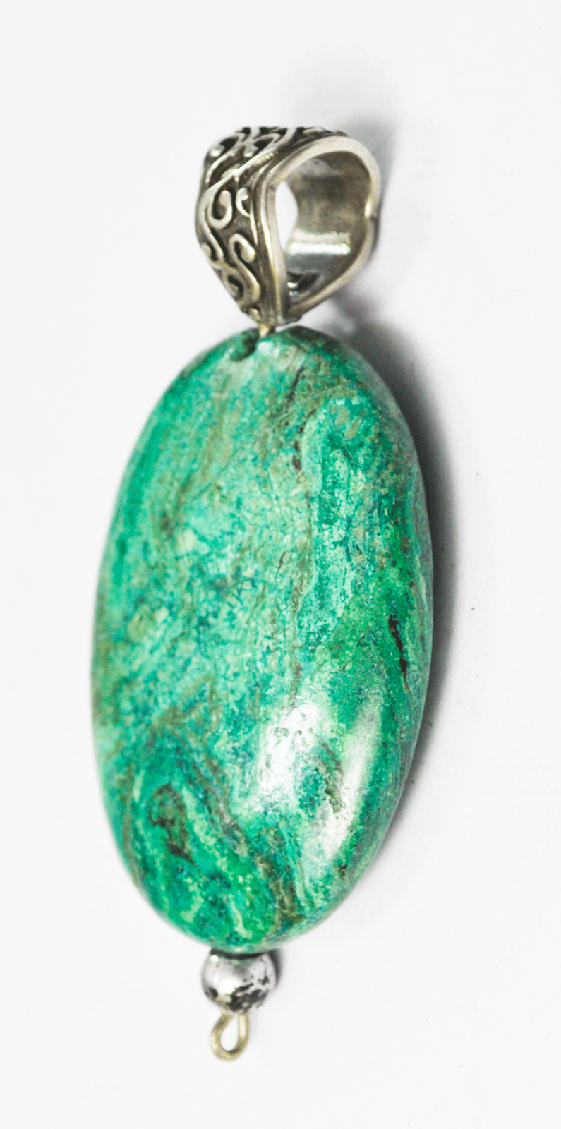 Sterling Silver Blue Green Chrysocolla Oval Pendant No Bezel Ornate Bail 2.25"