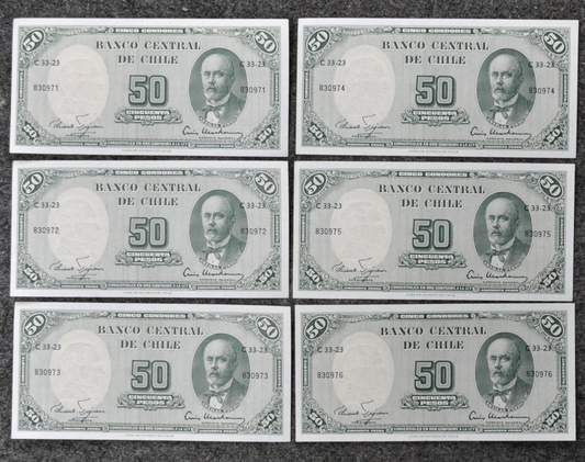 6 Sequential Uncirculated Chile 5 Centesimos on 50 Pesos Notes 830971-976