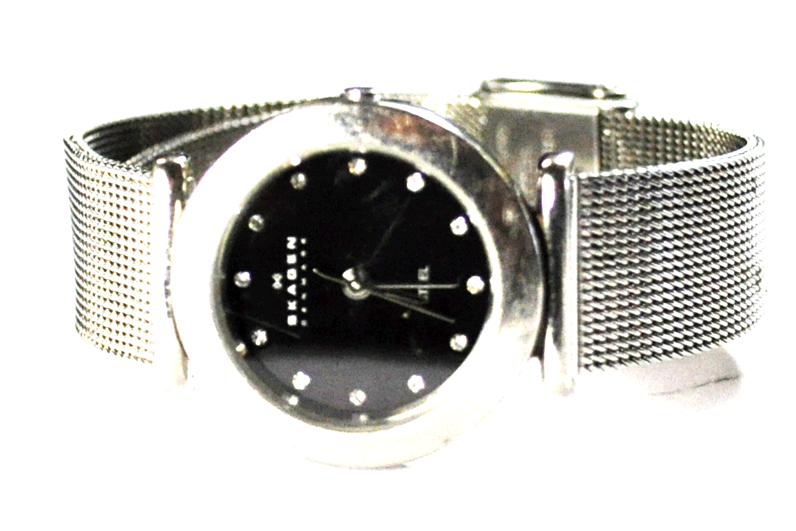 Women's Skagen Denmark Steel Black Dial Crystal Markers 25mm Mesh Band Quartz