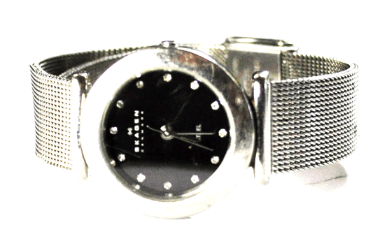 Women's Skagen Denmark Steel Black Dial Crystal Markers 25mm Mesh Band Quartz