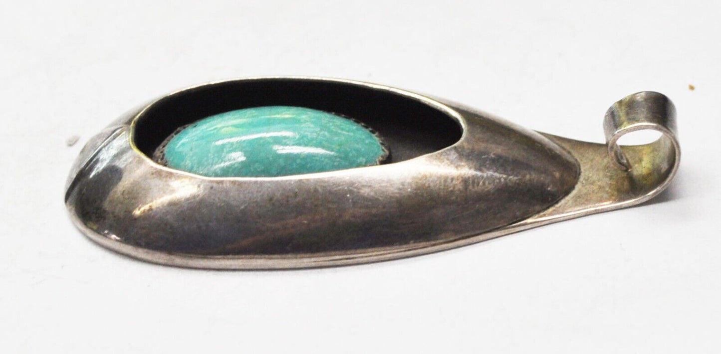 Sterling Signed EMR Teardrop Shadow Box Oval Turquoise Pendant 60x30mm