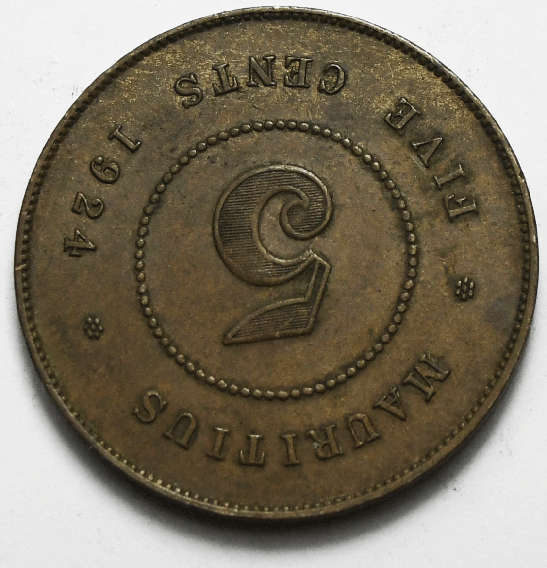 1921 Mauritius 5 Five Cents Bronze Coin KM# 14 Low Mintage